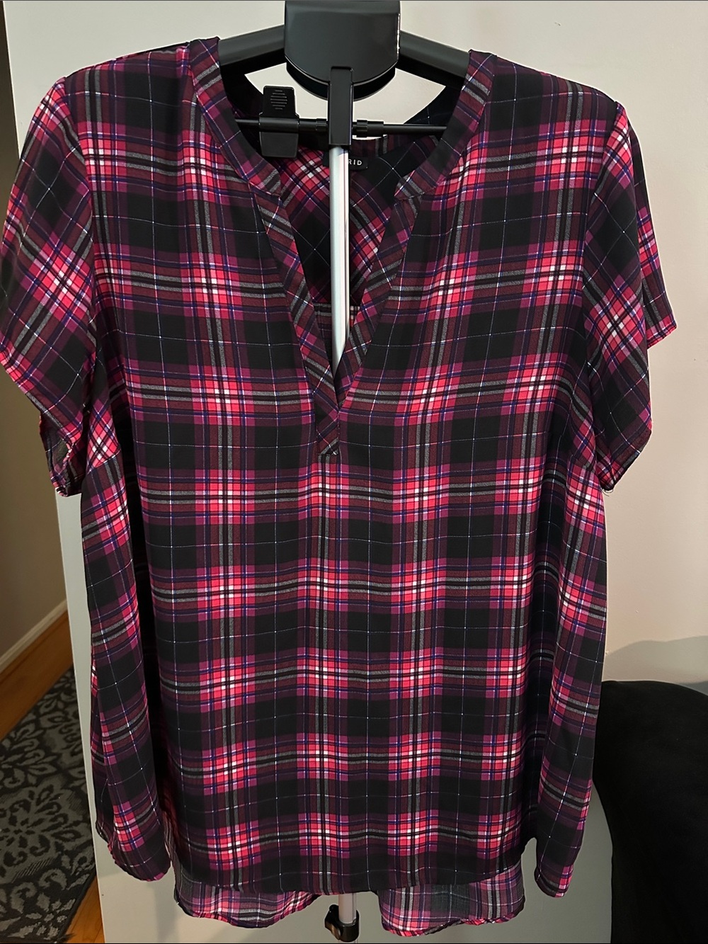 torrid Black & Pink Plaid V-Neck Short Sleeve Blouse